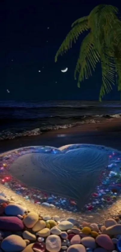 Romantic beach heart at night with colorful stones and palm trees.