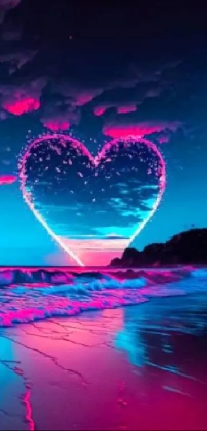 Romantic neon heart over a vibrant beach scene at night.