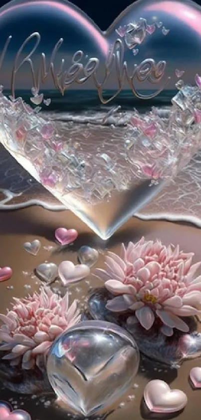 Romantic glass heart on a beach with pink flowers.
