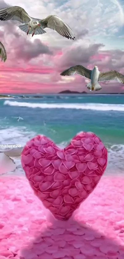 Romantic beach scene with pink rose petal heart and seagulls flying.