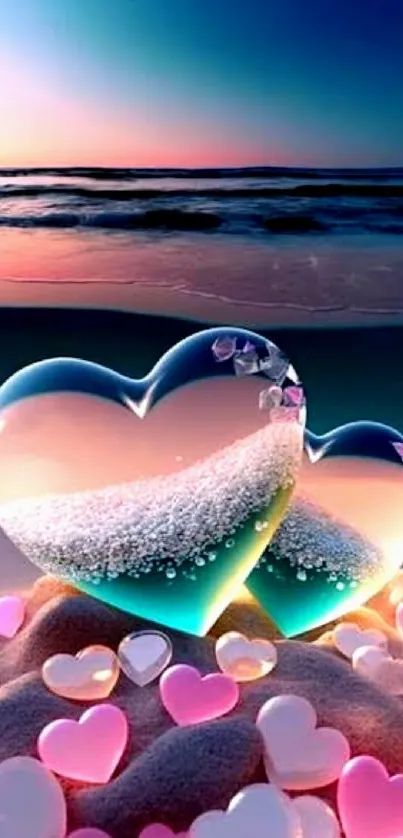 Romantic beach scene with glass hearts at sunset.