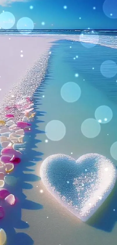 Foam heart on a serene beach with colorful seashells and blue ocean view.