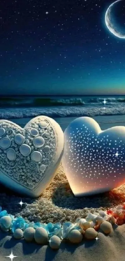 Romantic hearts on moonlit beach wallpaper.