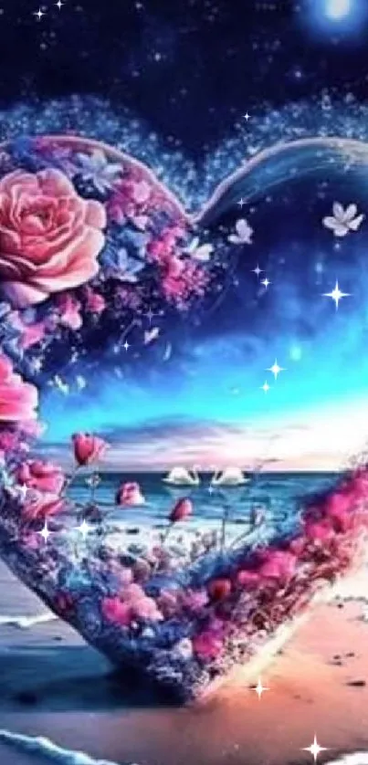 Heart-shaped floral and ocean view wallpaper, vibrant and romantic.