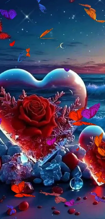 Romantic heart-shaped roses on a moonlit beach with ocean waves and butterflies.