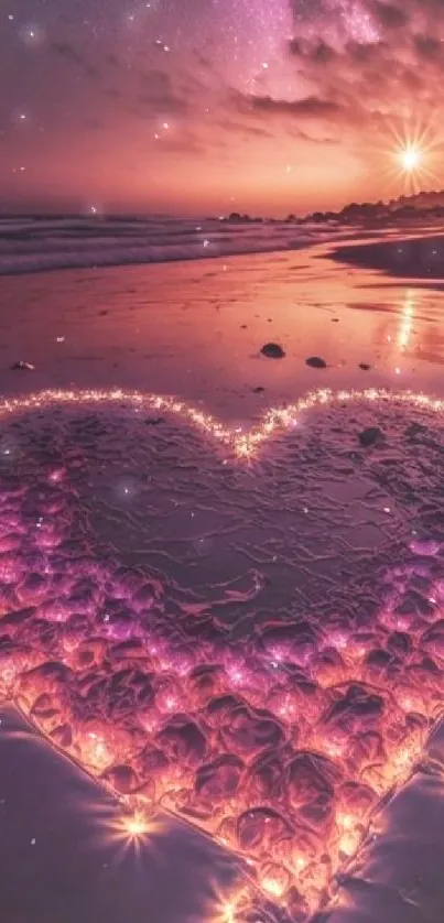 Heart-shaped light display on beach at sunset with purple and pink hues.