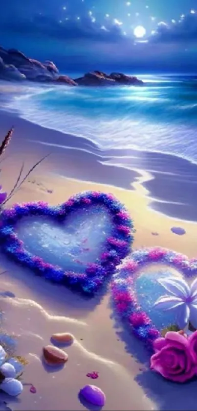 Romantic beach scene with heart floral arrangement and moonlit ocean.