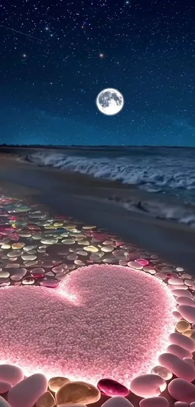 Heart-shaped glowing stones on a serene beach under a starry night.