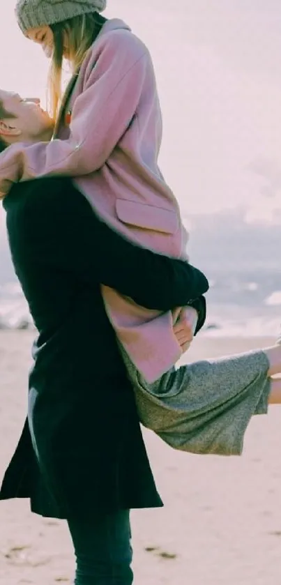 Romantic couple hugging on a beach, capturing a heartfelt moment.