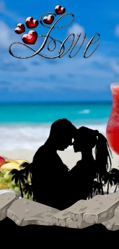 Beach scene with couple's silhouette and red drink under 'Love' text.