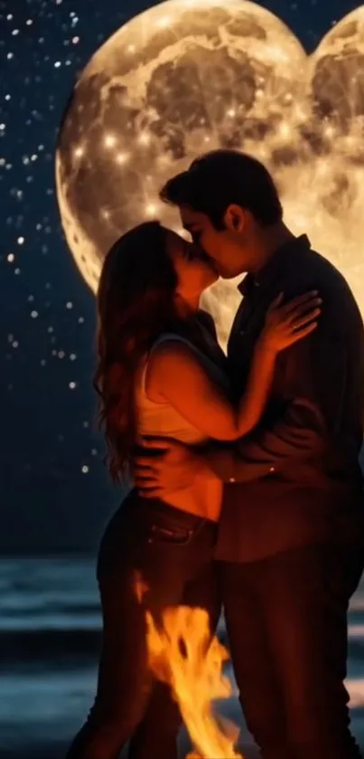 Couple kissing under heart-shaped moon.