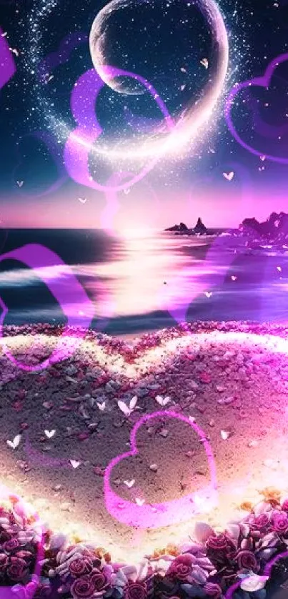 Moonlit beach with glowing heart sand art and ocean view.