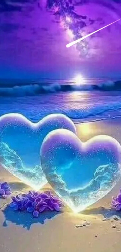 Two glowing hearts on a beach under a purple night sky.