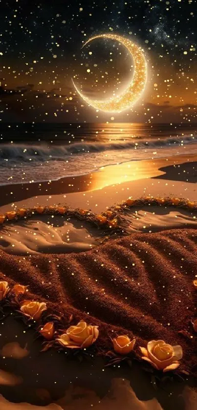 Romantic moonlit beach with sand heart at night.