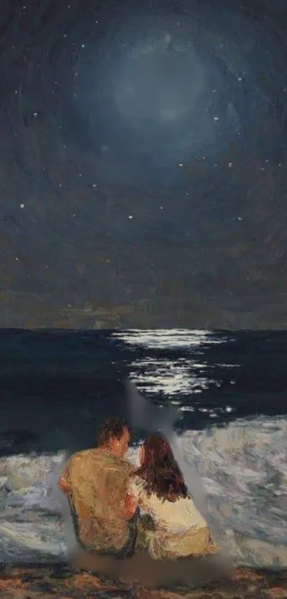 Romantic couple on moonlit beach under a starry night sky.