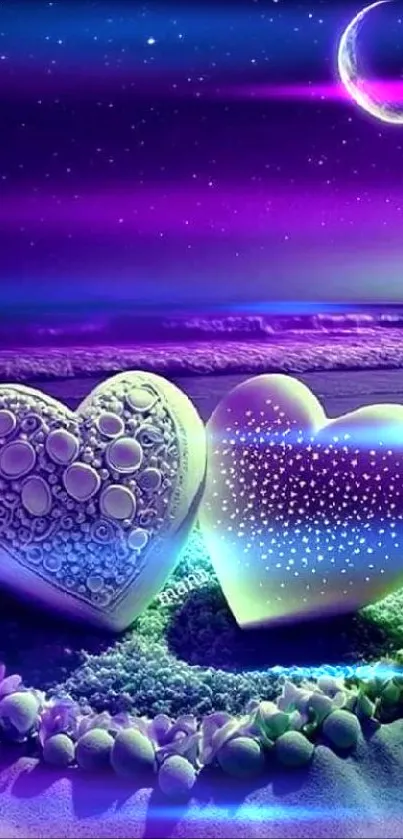 Purple night beach wallpaper with glowing heart stones under a crescent moon.