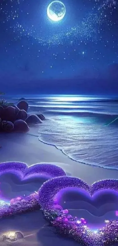 Romantic beach scene with glowing purple hearts and moonlit ocean.