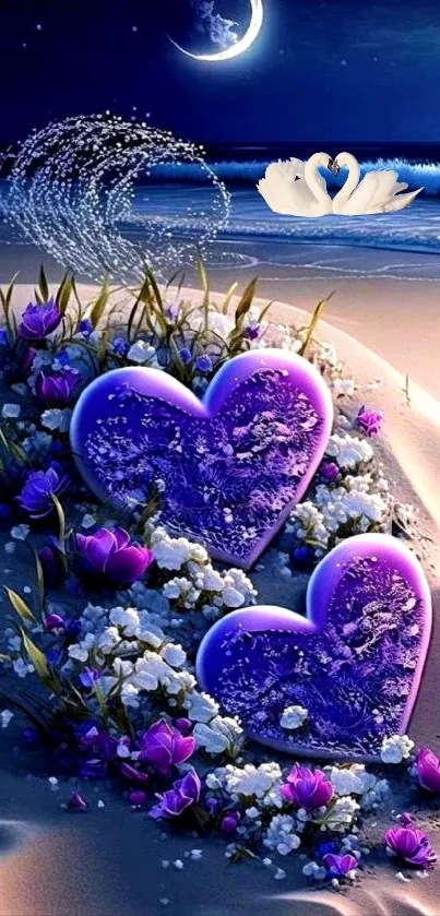 Purple hearts and swans on a moonlit beach wallpaper.