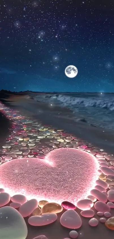 Romantic night beach with heart stones under a starry sky and moonlight.