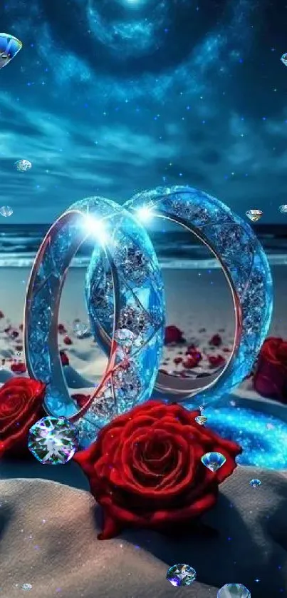 Romantic beach scene with rings and red roses under a starry night sky.