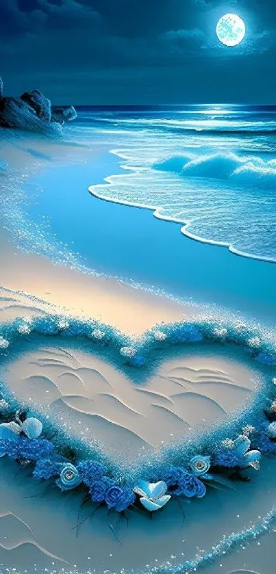 Moonlit beach with heart-shaped flowers.