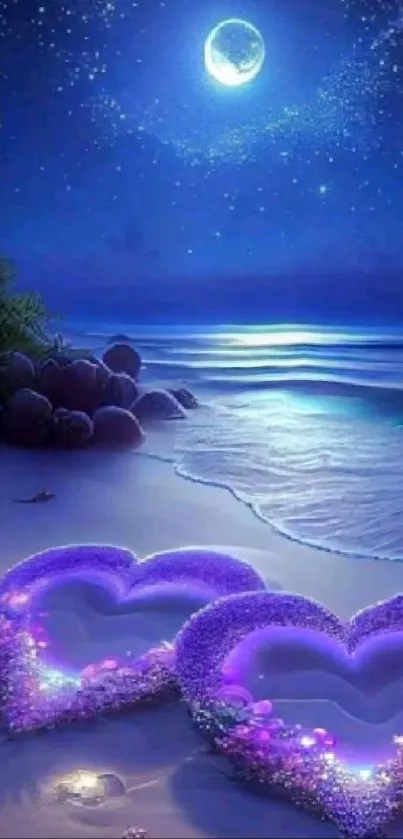 Romantic beach nightscape with glowing hearts under a moonlit sky.