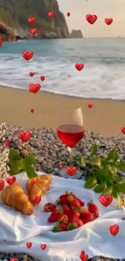 Romantic beach picnic wallpaper with hearts, wine, and croissants.