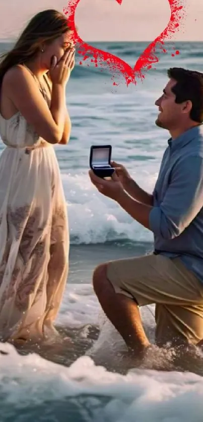 Beach proposal at sunset with a heart.