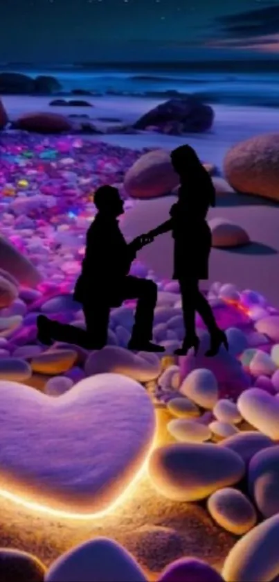 Romantic beach proposal with glowing stones and a couple's silhouette.