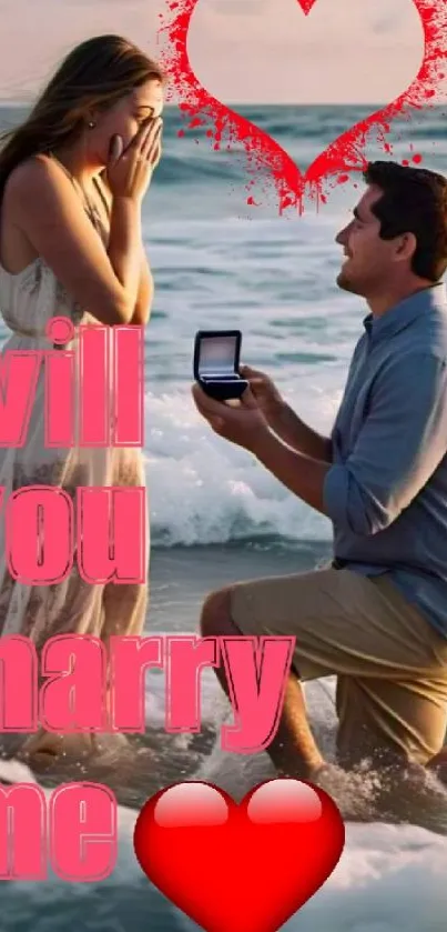 Romantic beach proposal with red text and heart.