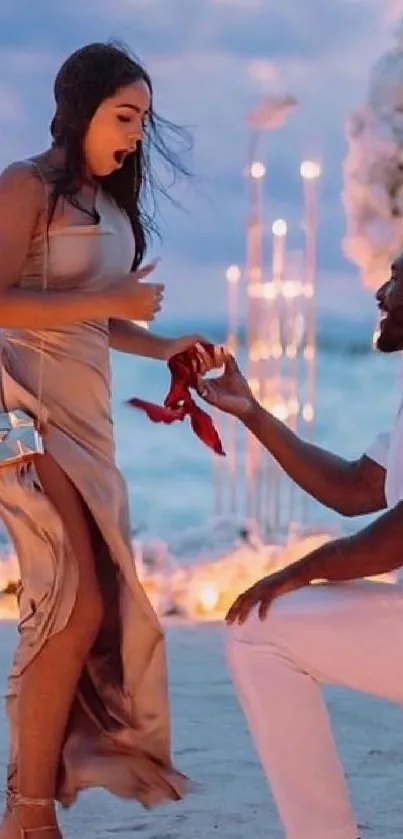 A romantic beach proposal at sunset.