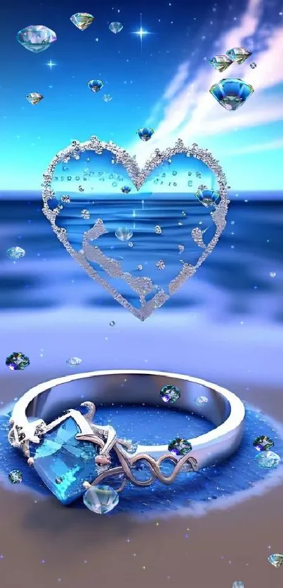 Romantic heart and ring on serene beach background.