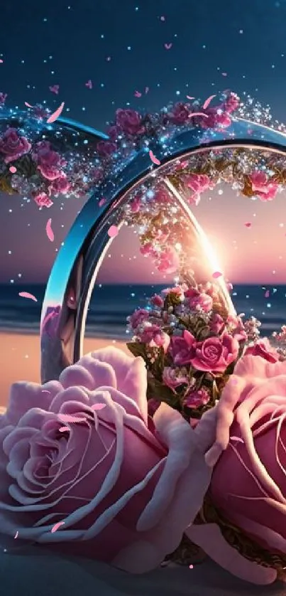 Romantic beach scene with roses and silver rings at sunset.