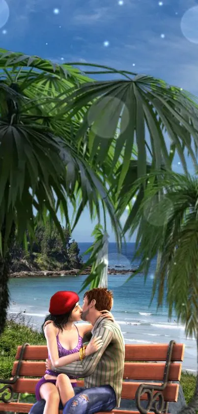 Romantic couple on beach bench under palm trees and starry sky.