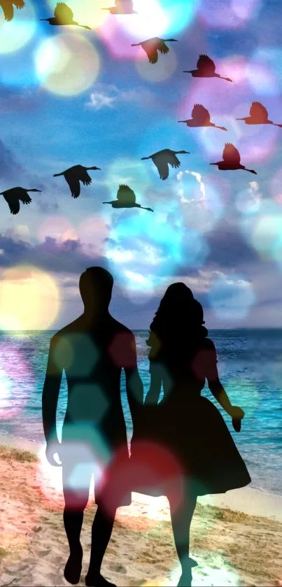 Couple silhouette on a beach with bokeh lights and flying birds.