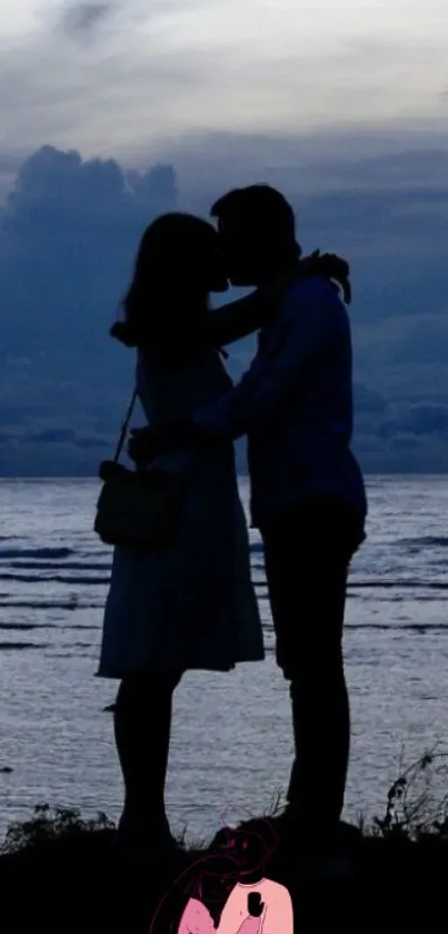 Silhouette of a couple embracing by the seaside at sunset.