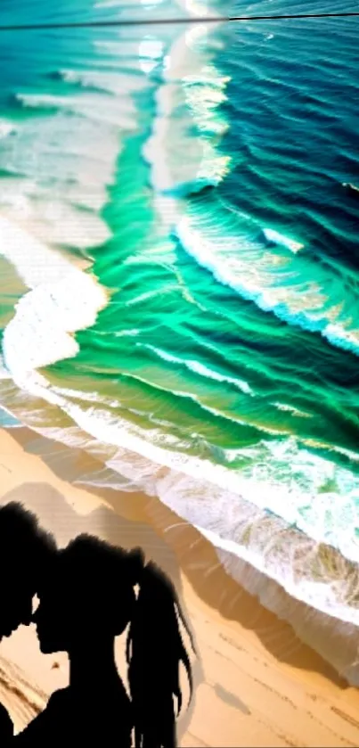 Silhouette of couple on beach at turquoise ocean.
