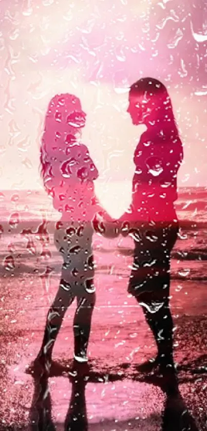 Romantic beach silhouette with raindrops on a window.