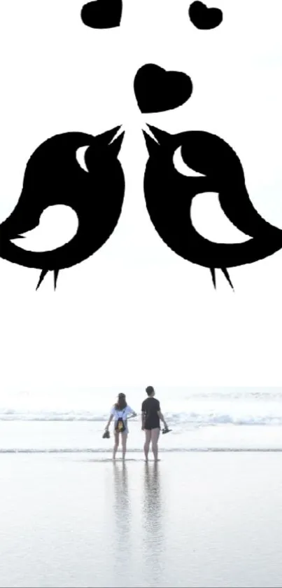 Silhouette of birds and couple on beach with hearts.