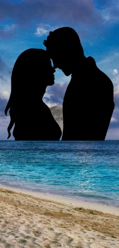 Silhouette of couple against a vibrant beach and ocean view.