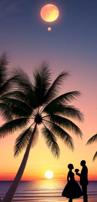 Silhouette of couple on a tropical beach at sunset with palm trees.