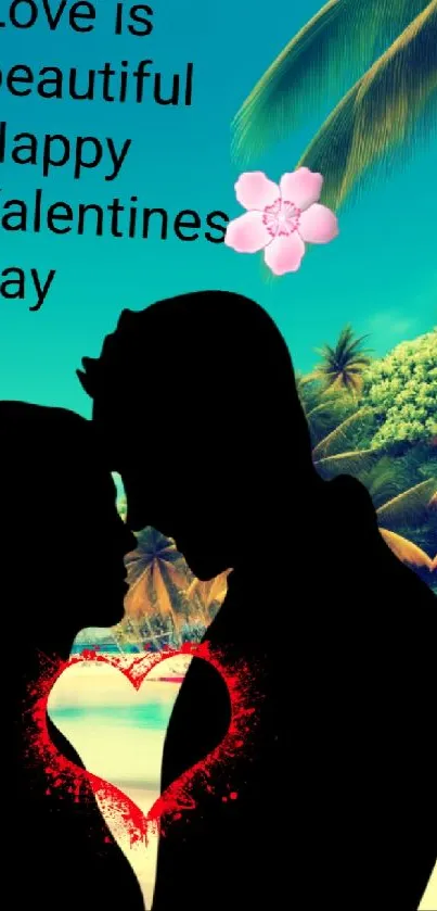 Romantic beach couple silhouette with Valentine's Day message.