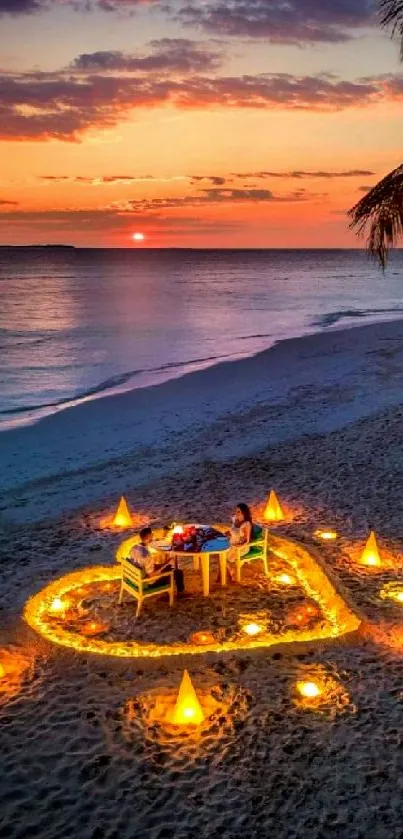 Romantic sunset beach dinner with heart-shaped lights and palm trees.