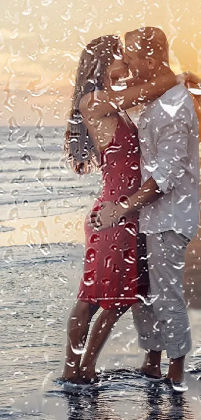 Couple kissing at sunset on a beach with raindrop effect.