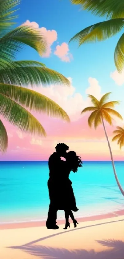 Silhouette of a couple kissing at a tropical beach during sunset.