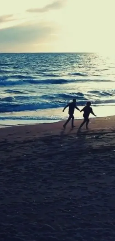 Romantic silhouette couple on beach during sunset.