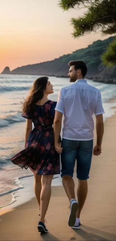 Couple walks hand in hand on a sunset beach, peaceful and romantic atmosphere.