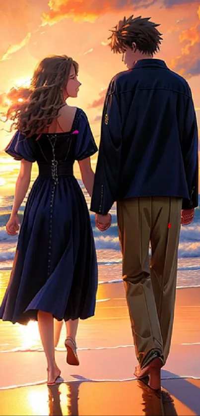 Romantic couple walking on a sunset beach.