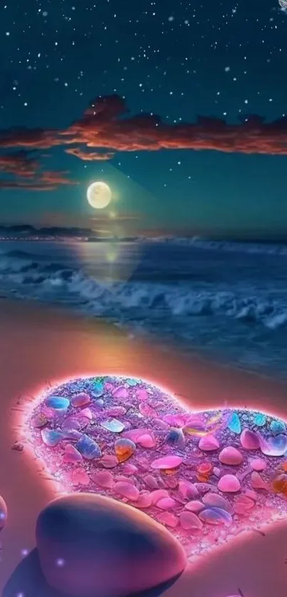 Romantic beach sunset with a moonlit sky and heart-shaped seashells glowing on the shore.