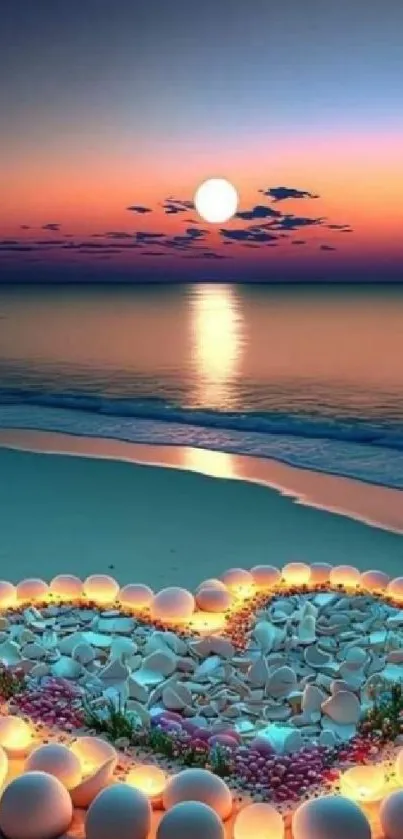 Romantic sunset on the beach with candles and heart-shaped stones.